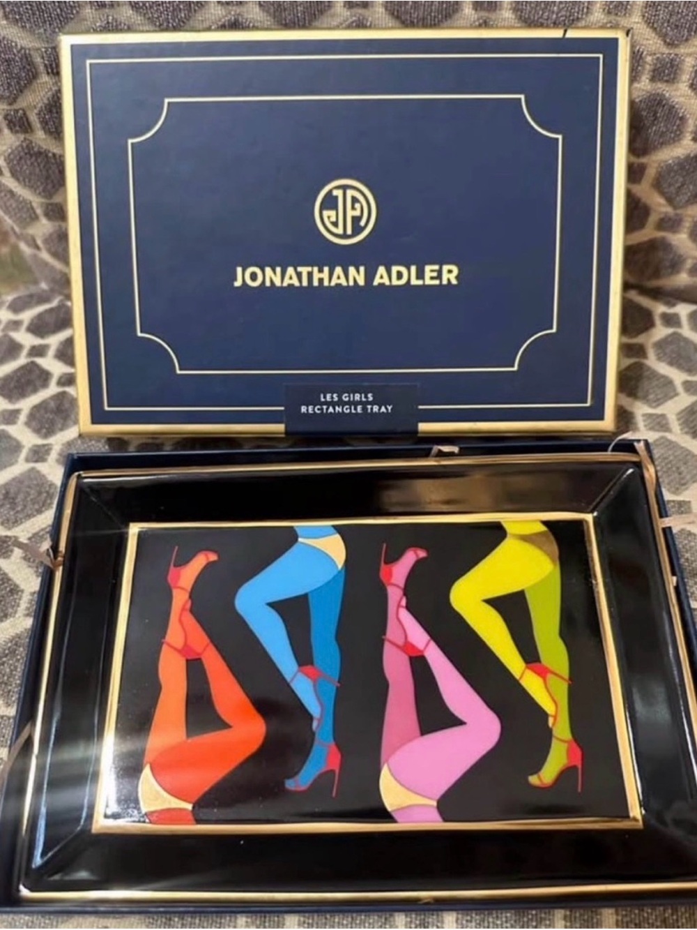 Jonathan Adler Cream and Navy Rectangular Ceramic Tray